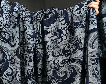 Blue Wave Yarn Dyed Jacquard Denim Blue White Porcelain Ukiyoe Fabric