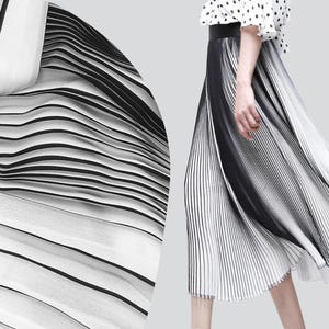 Pleated two-tone black and white striped chiffon PET fabric