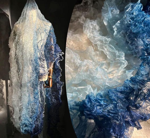 Gradient Pleated Tulle Fabric: Reflective Blue to White - 55" Wide