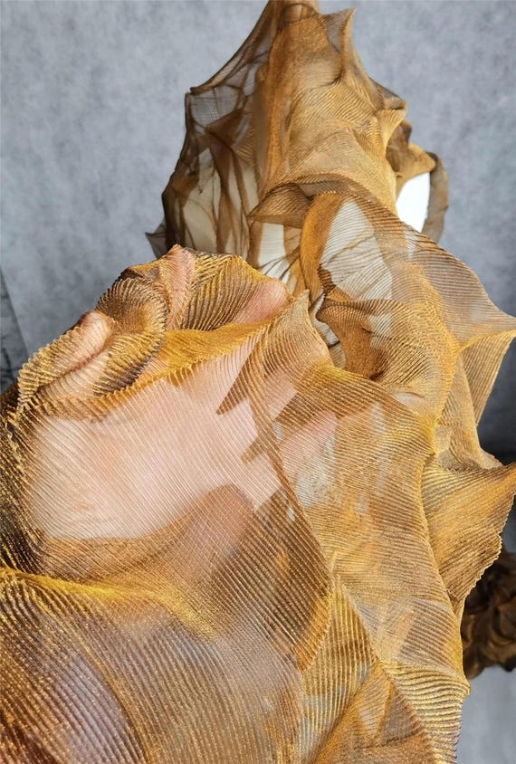 Copper Bronze Crinkle Pleated Organza Fabric: Sheer Polyester Gauze