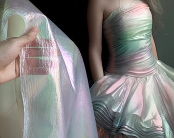 Iridescent Crinkled Polyester Fabric: Candy Pearl Sheer Gown Material