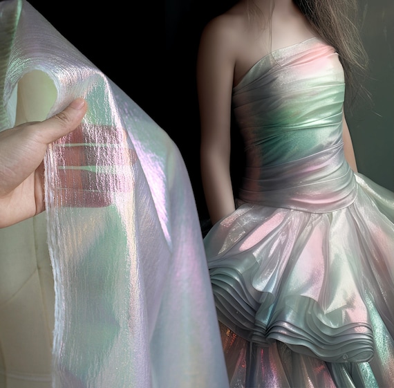 Iridescent Crinkled Polyester Fabric: Candy Pearl Sheer Gown Material