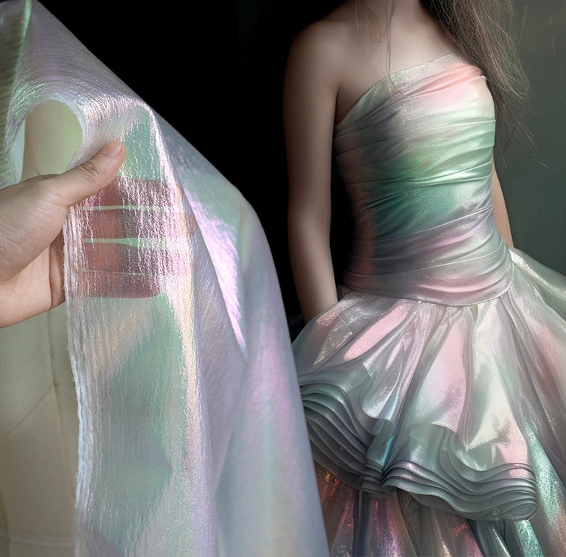 May include: Iridescent fabric held up next to a strapless gown. The fabric and gown have a shimmering, multi-colored effect with hues of pink, green, and blue. The gown features a layered skirt.