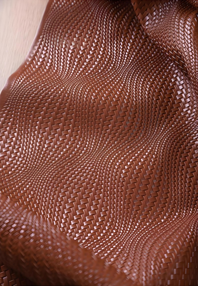 May include: Close-up of a brown woven material with a textured surface. The material is folded and curved, creating a wave-like pattern. The weave is tight and detailed, with a slight sheen.