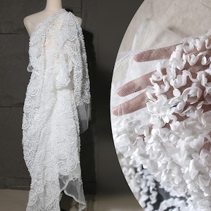 Floral Embroidery Wedding Gown Lace Fabric,heavy embroidered bridal lace fabric,ornament lace white/black,Floral Lace Mesh 53&quot;,1/2 Yard