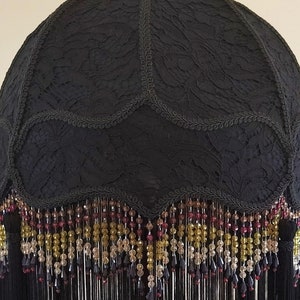 Stunning Black fabric lace/ victorian/vintage/Gothic Decore/boho/Art Deco/Designer/beaded/Fringed/floor lampshade/ hand made