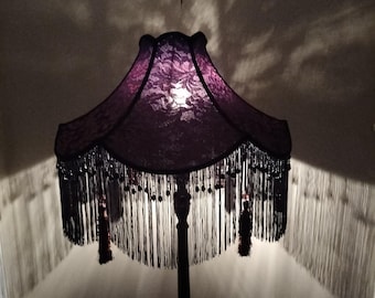 Lampshade Floor/Amazing boho/ victorian/ lace fabric/ vintage/Designer/ burgandy /fringed/tassels/Beaded /new handcrafted