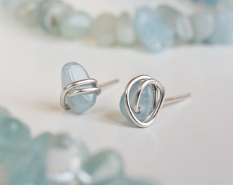 Raw aquamarine studs. March birthstone gift for women. Wrapped gemstone jewellery.