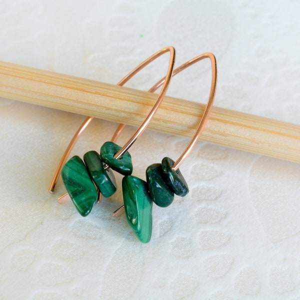 Malachite earrings, Bronze Malachite earrings, Wishbone earrings, small green earrings