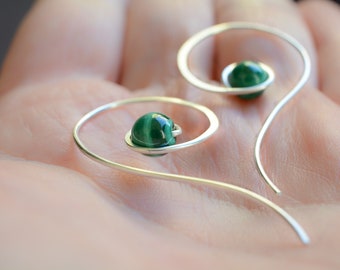 Silver spiral earrings, Malachite earrings, green silver jewellery