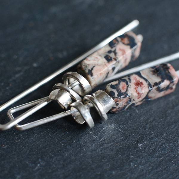 Geometric silver earrings, long jasper earrings