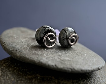 Raw Snowflake Obsidian studs. Sterling silver or bronze earrings. Black grey earrings.