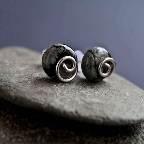 Raw Snowflake Obsidian studs. Sterling silver or bronze earrings. Black grey earrings.