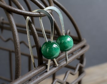 Malachite earrings, Small green silver earrings