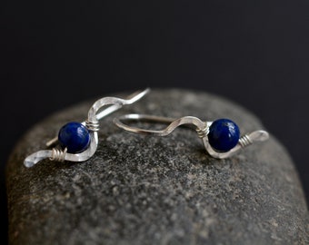 Lapis lazuli earrings, small silver earrings, dainty hammered earrings