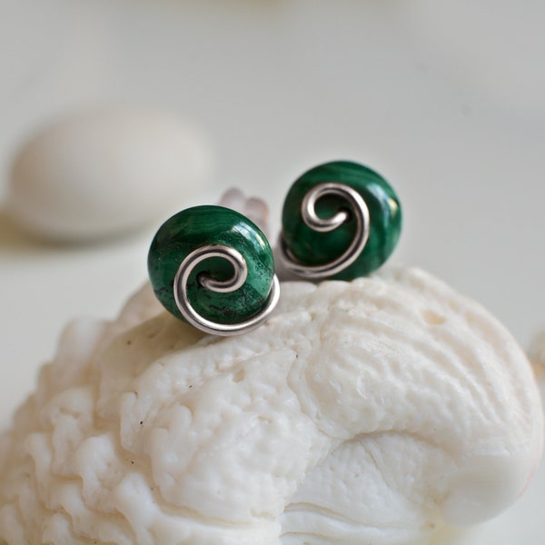 Green silver studs. Malachite spiral studs. Sterling silver or bronze earrings. Wrapped gemstone jewellery.