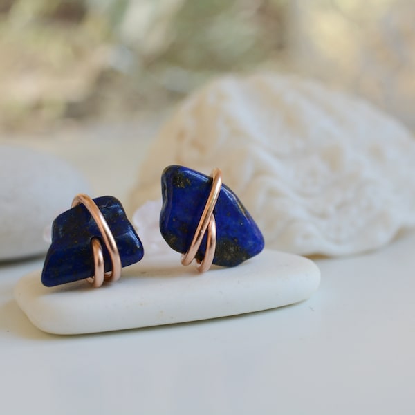 Raw lapis lazuli studs. Sterling silver or bronze earrings.