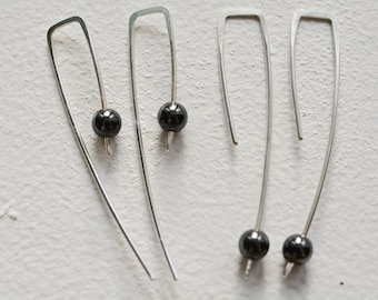 Long Silver earrings, Threader earrings, Hematite earrings