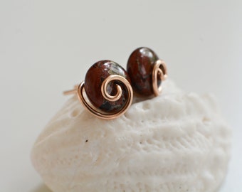 Red jasper studs. Sterling silver or bronze earrings. Wrapped gemstone jewellery. Brecciated jasper earrings.