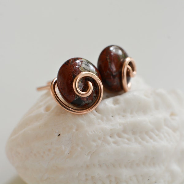 Red jasper studs. Sterling silver or bronze earrings. Wrapped gemstone jewellery. Brecciated jasper earrings.