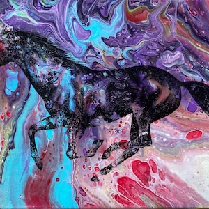 Original Acrylic Art, Acrylic fluid Pour Painting with gallping horse.