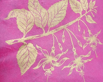 Fuchsia - Original Handprinted Botanical Floral Linocut Print on Thai Mulberry Paper