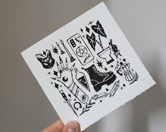Modern Witch Mini Print | Original Linocut art print | Halloween decor