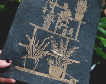 Urban Jungle Gold Botanical Art Print - Limited Edition Original Linocut - Hand Printed on Handmade Mulberry Paper