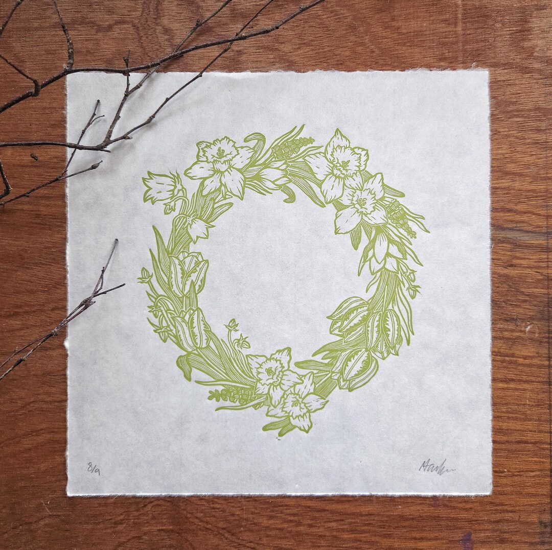 Spring Break Linocut Spring Floral Wreath Linocut Print: Limited Edition Handmade Art - Etsy