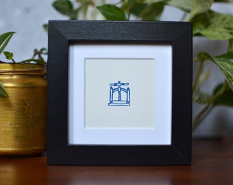 Framed Book Press Mini Print - Handprinted Hand-Carved Linocut Print - Cute Book Binder Wall Art