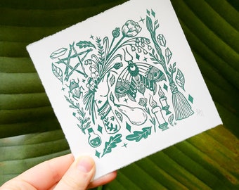 Grüne Hexe Mini Linoldruck: Zauberhafte Kunst (13x13 cm)
