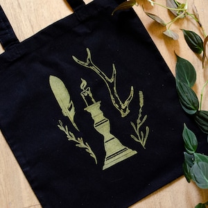 Hand Printed 100% Recycled Cotton Witch Tote Bag, Autumn Tote, Luxury Shoulder Bag, Black and Gold Tote, Reusable Grocery Bag