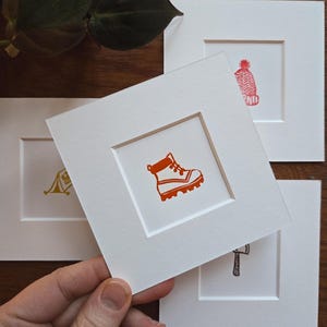 Winzige Original Linoldrucke - Outdoor Camping Adventures Kollektion - Mini Print - 10,5 x 10,5 cm Aufziehdruck