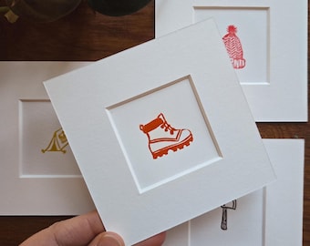 Tiny Original Linocut Prints - Outdoor Camping Adventures Collection - 4x4 inch Mounted Prints
