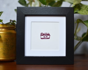 Framed Camera Mini Print - Handprinted Hand-Carved Linocut Print - Cute Photographer Wall Art