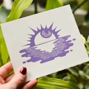 Cosmic Wink - Mini impressão em linóleo original - Arte de parede pequena e incomum