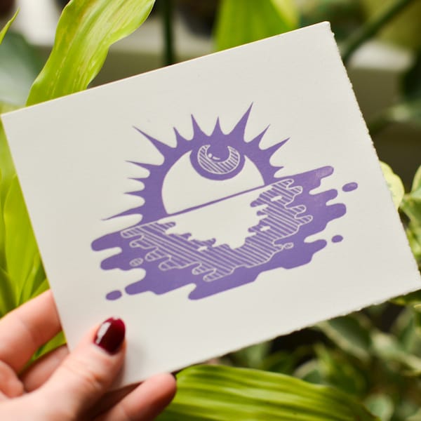 Cosmic Wink Linocut Print: Original Mini Wall Art (6x5 inches)
