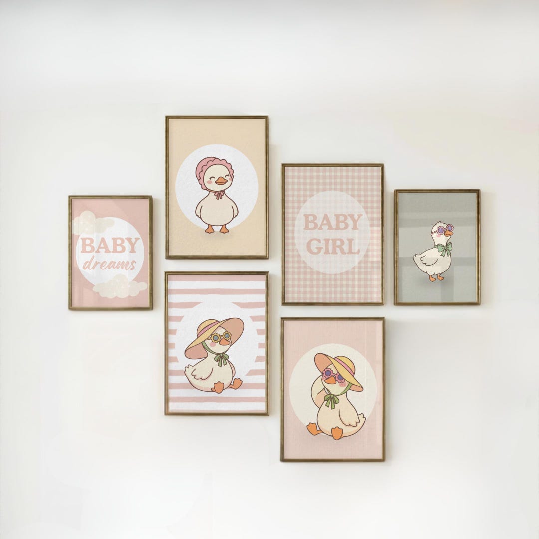 Vintage Duck Nursery Wall Art Set, Pastel Baby Girl Prints (set of 6 ...