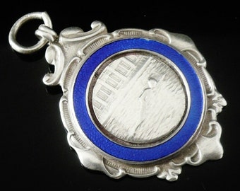 Pocket Watch Fob, Medal, Sterling, Silver, Enamel, Vintage, English, FATTORINI, Hallmarked Birmingham 1921, Swimming, REF:455X