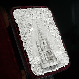 Nathaniel Mills Antique Silver Card Case (Cased) Sir Walter Scott Monument 1844