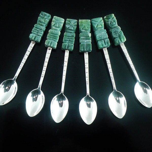 Silver Coffee Spoons, Set 6, Sterling, Demitasse, Tableware, Vintage, Possible Cantera, Green Stone, Mexican, REF:628K