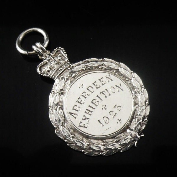 Pocket Watch Fob, Medal, Sterling, Silver, English, 1st Prize, Vintage, Aberdeen Exhibition 1923 Ticket Writing, Walker & Hall, REF:614H