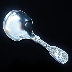 Bright Cut Antique Sterling Silver Caddy Spoon, English, Cutlery, Tea, Tableware, George Unite, Hallmarked Birmingham 1858