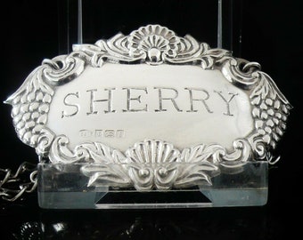 Silver Decanter Label, SHERRY, Sterling, Barware, Ticket, English, Drinks, W I Broadway & Co, Hallmarked Birmingham 1992, REF:523I