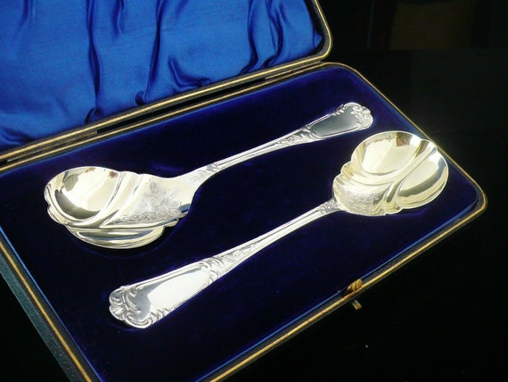 Silver Serving Spoons Pair Cased Antique Sterling English Cutlery Tableware Isaac Ellis Sons Hallmarked Sheffield 1910 REF 559L Etsy
