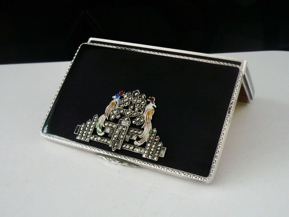 Silver Marcasite Box, Black Enamel, Sterling, Pea… - image 10