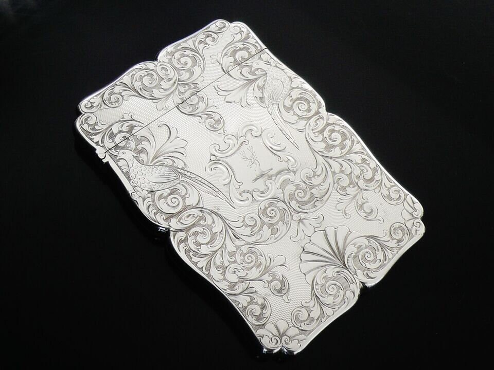 キジの描かれたスターリングシルバーのカードケース、英国製、ビジネス