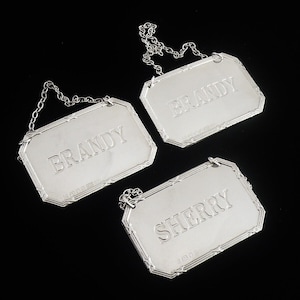 Silver Decanter Labels, Sterling, Brandy, Sherry, English, Ticket, Vintage, Barware, Kitney & Co, Hallmarked London 1987, 1988