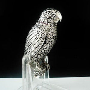 Solid Silver & Ruby Novelty Parrot Scent Perfume Bottle, Ladies, Vintage, German, 20th Century