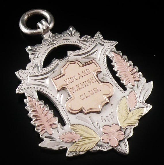 Sterling Silver & 2 Colour Gold Pocket Watch Fob Medal, Midland Flemish Club, Antique, English, Edwardian, Hallmarked Birmingham 1905